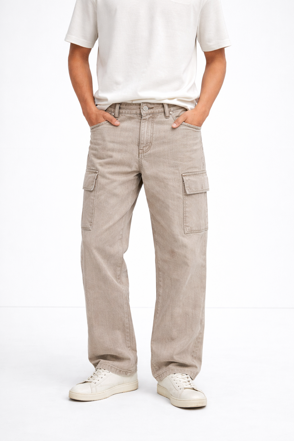 Larvexis Men’s Cargo Jeans – Beige Comfort Fit
