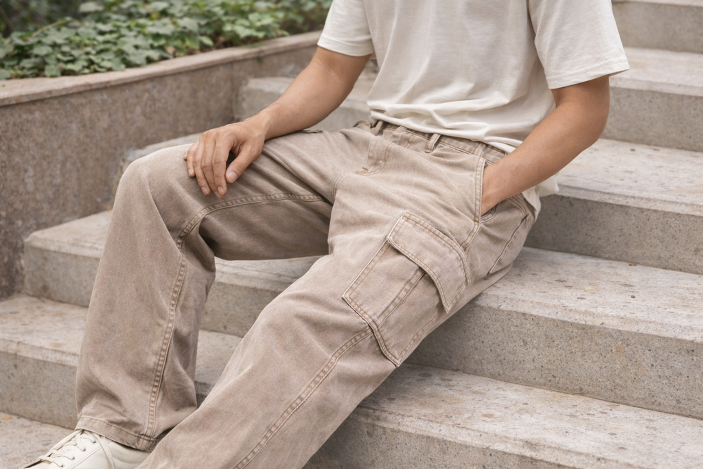 Larvexis Men’s Cargo Jeans – Beige Comfort Fit